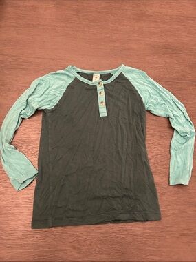 kate quinn Two-Tone Green Raglan Henley with Mint Sleeves